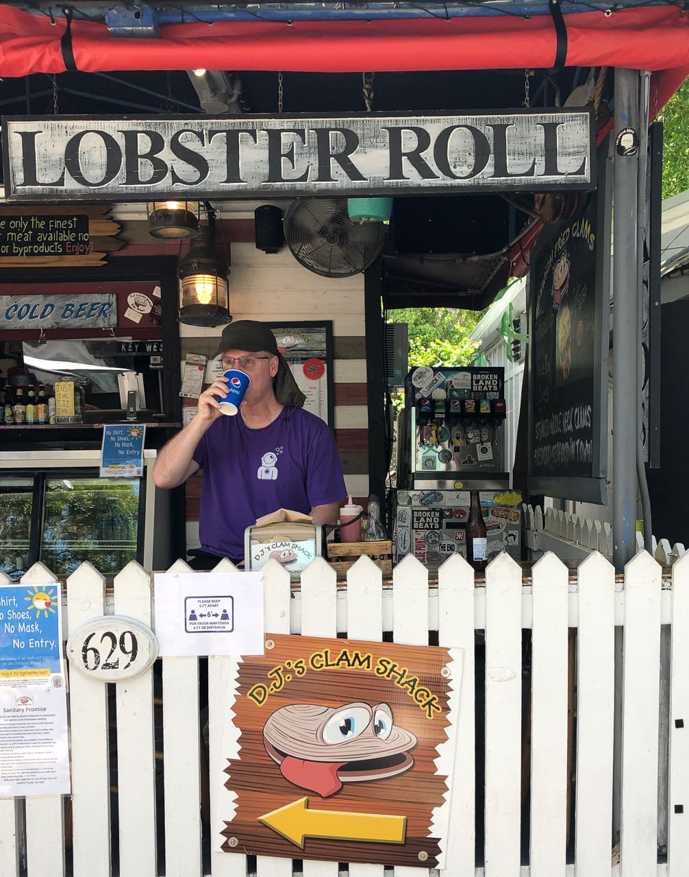 David enjoying conch fritters at DJ's Clam Shack in Key West.